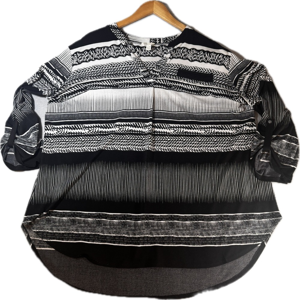 Cato Womens 18/20W Black White Geometric Print Roll Tab Sleeve High Low Blouse